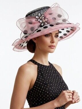 Beloved Millinery Gorgeous Pink Black Organza Polka Dot Hat